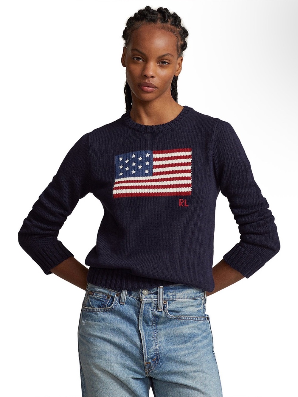 $398 NWT Polo Ralph Lauren Women's Blue Flag Cotton Crew Neck Sweater Size L
